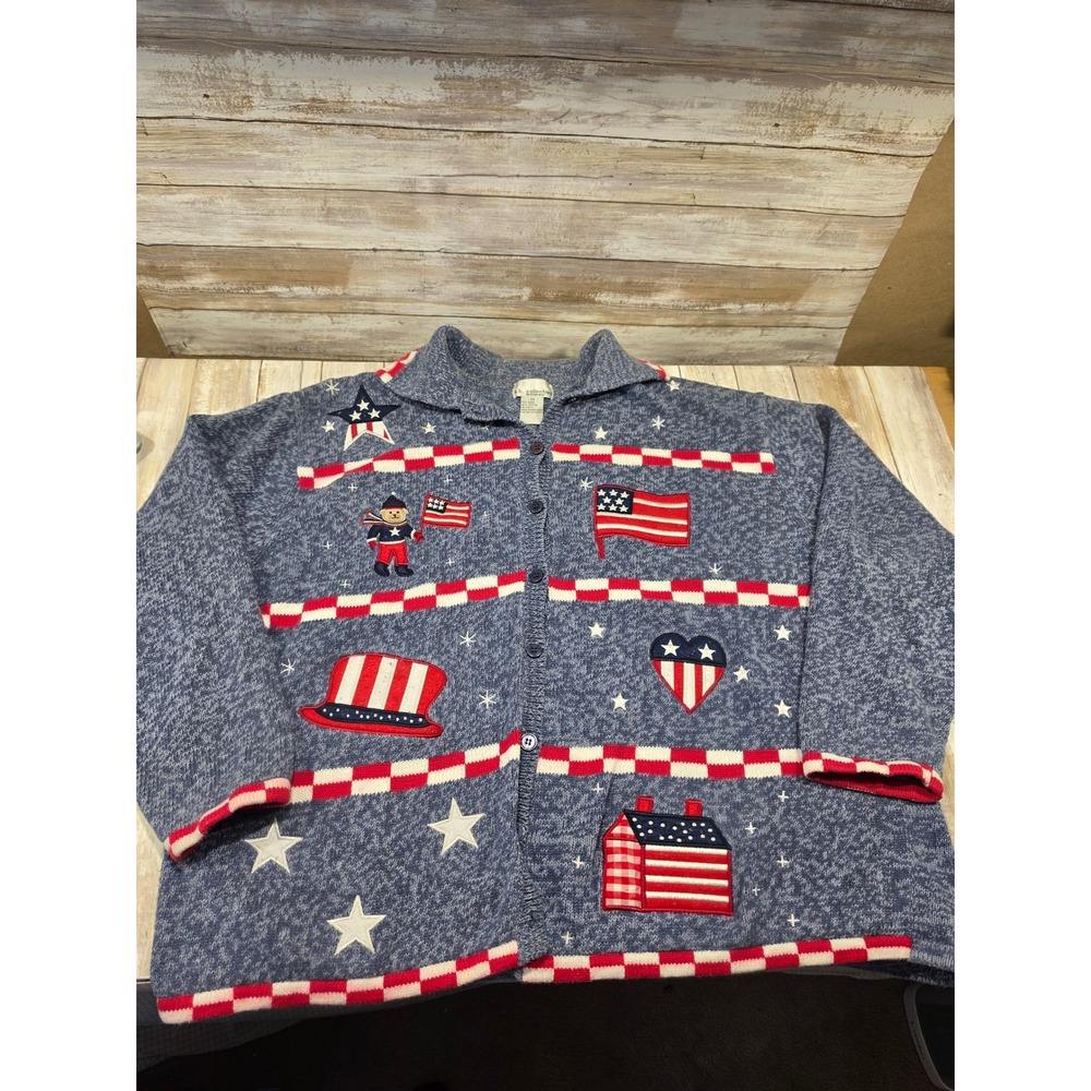 KB Collections‎ Woman Americana Patriotic Flag Star Patch Cardigan Sweater 3X